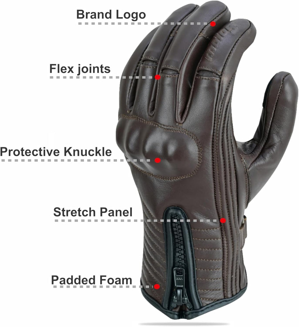 Full Finger Leather Motorcycle Gloves for Men & Women Touch Screen Gloves Premium Street Motorcycle Durable Protective Cruiser Biker Gel Leather Motorbike Gloves
