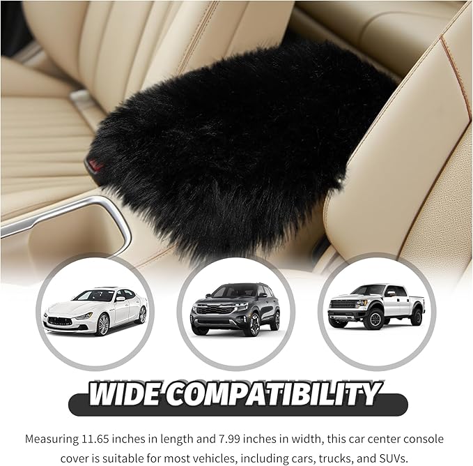 Soft Car Center Console Cover,Fluffy Arm Rest Cover for Car with Elastic Straps to Relieve Fatigue,Cars Armrest Cushion Universal Cars Decorations for Vehicles SUVs Trucks (Black)