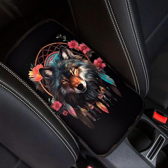 Dreamcatcher Wolf Floral Print Car Center Console Cover,Universal Armrest Cover Pads for Most Cars,SUV
