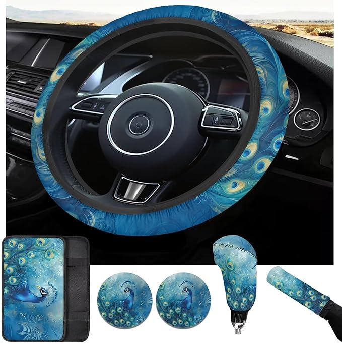 Blue Peacock Print Car Steering Wheel Cover Set for Men Women Beautiful Car Interior Decor Cup Coaster Handbrake Cover Universal Fit Auto,Suvs,Truck