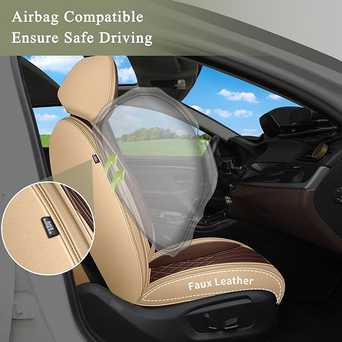 Breathable Car Seat Covers for Toyota Prius 2015 2014 2013 2012 2011 2010 2009 2008 2007 2006 2005 2004 2003, Perforated Leather Full Set 5 Seats, for Toyota Prius Accessories (Beige&Brown)