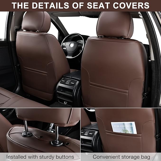 Brown Car Seat Covers Full Set, Breathable Leather Automotive Front and Rear Seat Covers & Headrest for Reduce The Driving Fatigue, Compatible with Most Vehicles, Cars