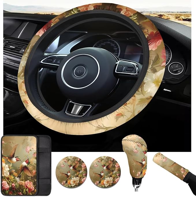 Magpies Birds Picture Steering Wheel Cover for Men Women Flower Car Interior Decor Cup Coaster Handbrake Cover Universal Fit Auto,Suvs,Truck