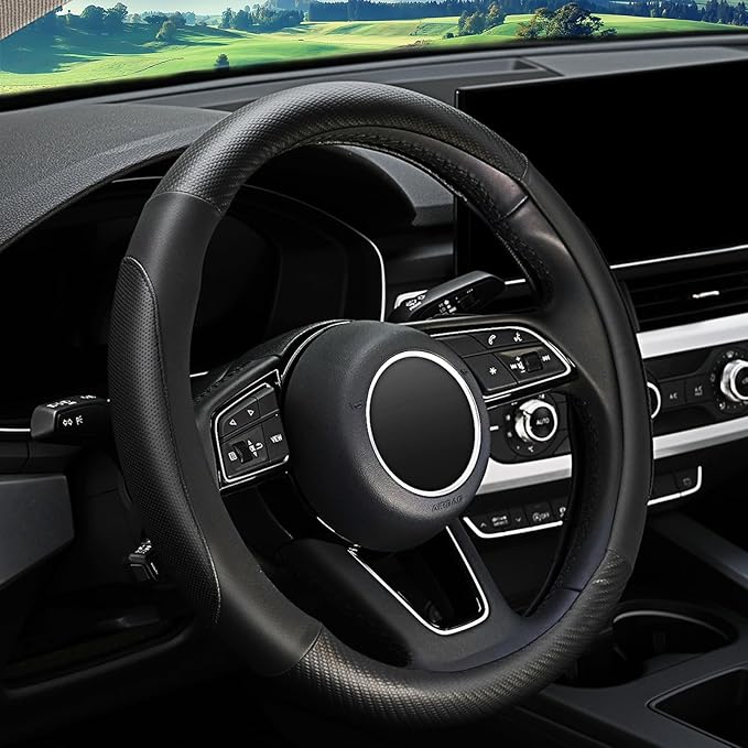 Car Steering Wheel Cover, Soft Microfiber Leather, Breathable Anti-Slip, Universal Fit 15 Inch for Cars, SUVs, Vehicles, Sedans, Trucks, Vans -Black