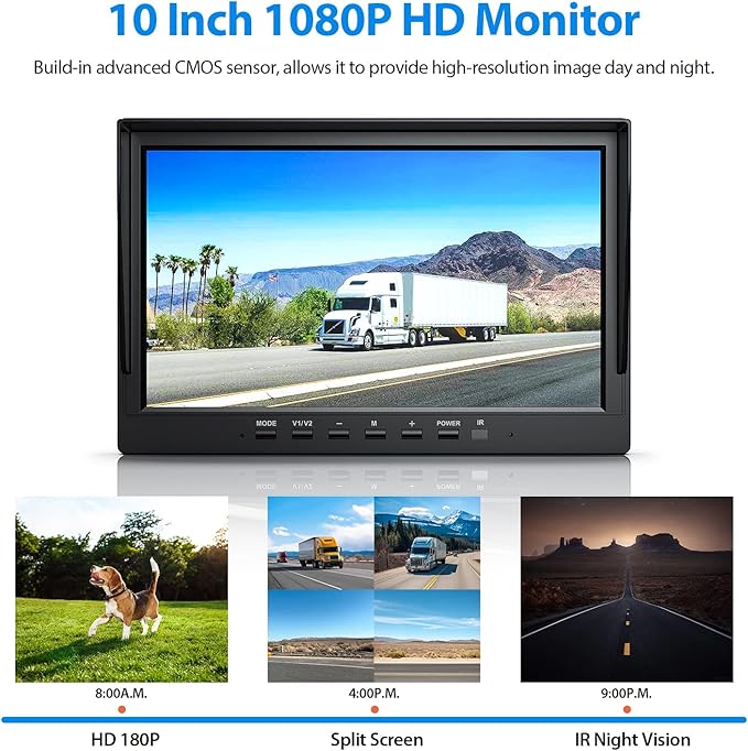 ZEROXCLUB 4 Wired Backup Camera System Kit with 10’‘ 1080P HD Monitor, IR Night Vision Rear Side Camera, Loop Recording, IP69K Waterproof Camera with Parking Lines for Bus, Truck, Trailer, RV, BY104A