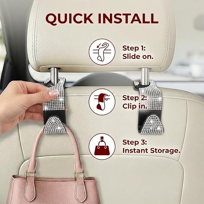 4PCS Bling Car Seat Headrest Hooks, Crystal Rhinestone Vehicle Back Seat Hanger Holder, Auto Interior Headrest Hanging Storage Organizer for Purse Handbag Coat, Universal Fit (Blue)