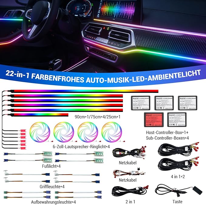 Car Interior Lighting, 22-in-1 HMYC 128 Colorful LED Acrylic Fiber Optic Strips, Universal Decorative Ambient Lighting with Music-synced Rhythm, app Control, RGB neon Lighting for All Cars