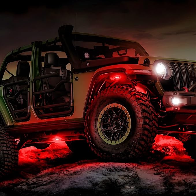 Rock Lights for Trucks, 4 Pods LED Rock Lights, IP67 Waterproof Neon Rock Lights Kits for Pickup ATV Off Road SUV, High Brightness Multifunction Underglow Lighting Glow Trail Rig Lamp (Red)