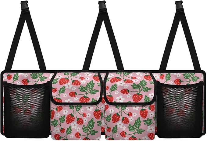 Car Trunk Organizer Pink Strawberry Back Seat Car Organizer Equipped with Robust Elastic Net, Hanging Car Storage Organizer with Lids, Space Saving Expert