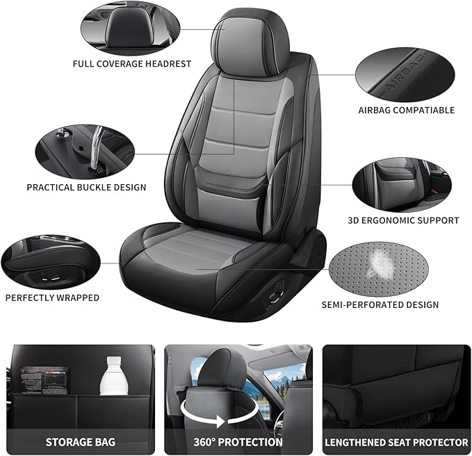 Car Seat Covers Full Set Custom Fit for Ford Maverick 2022-2025 - Premium Faux Leather with Lumbar Support, Breathable, Anti-Slip & Full Wrapping Edge (Black&Gray,Full Set)