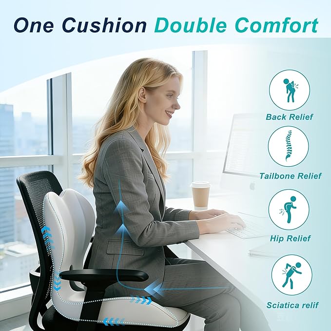 Seat Cushion for Office Chair and Car, Lumbar Support Pillow for Office Chair, Memory Foam Ergonomic Seat Cushion for Long Sitting, Back & Tailbone Pain, Sciatica - Light Gray