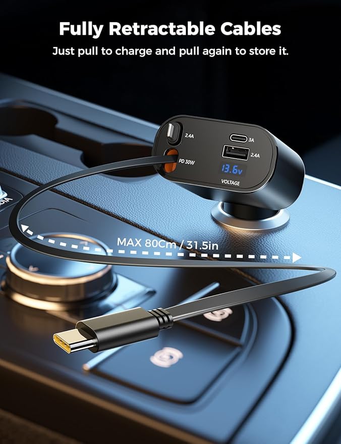 [Upgraded] SUPERONE Retractable Car Charger 4 in 1, Fast Car Phone Charger with Cord 2.6ft, USB C and Apple Car Adapter, Compatible with iPhone 17 16 15/15 Pro Max/14/13/12/11, Galaxy, Pixel