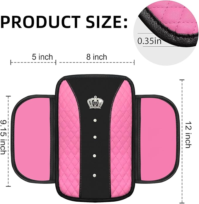 NBTEPEM Bling Crown Car Center Console Armrest Cover, Leather Middle Console Cover Cushion with 2 Storage Bags, Car Armrest Storage Box Interior Accessories for Most Vehicles(Pink)