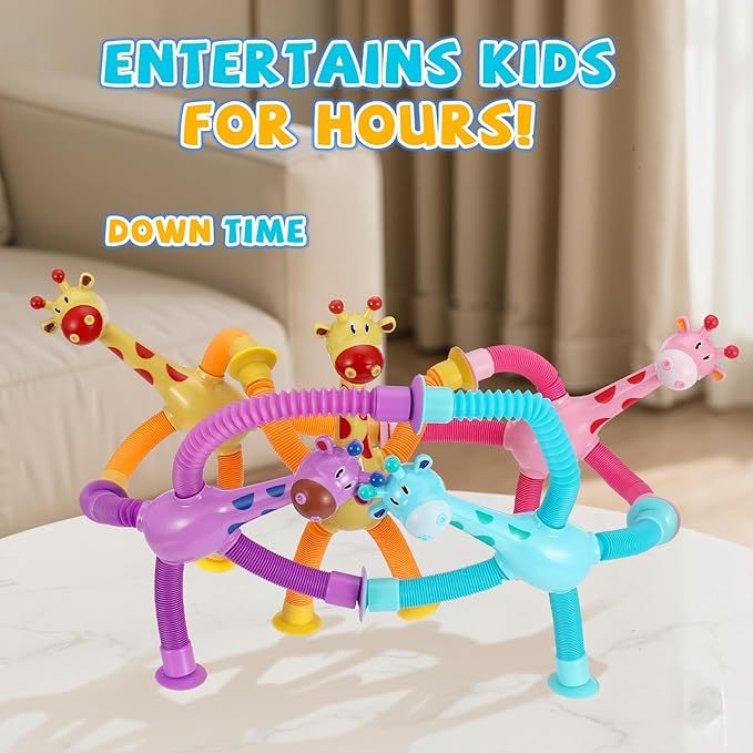XONTEUS 4 Pcs Pop Tubes Giraffe Travel Airplane Road Trip Car Activities Essential ,Telescopic Suction Cup Sensory Fidget Toys,Screen-Free Activity for Boy & Girl , Stocking Stuffers for Kids