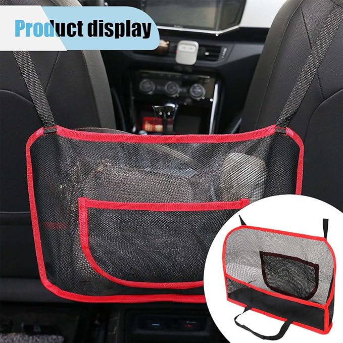 Car Net Pocket Handbag Holder, Car Purse Holder Between Front Seats, Driver Storage Netting Pouch for Backseat Pet Kid Barrier, Vehicle Storage Organizer Mesh Bag for Women Men (Red)