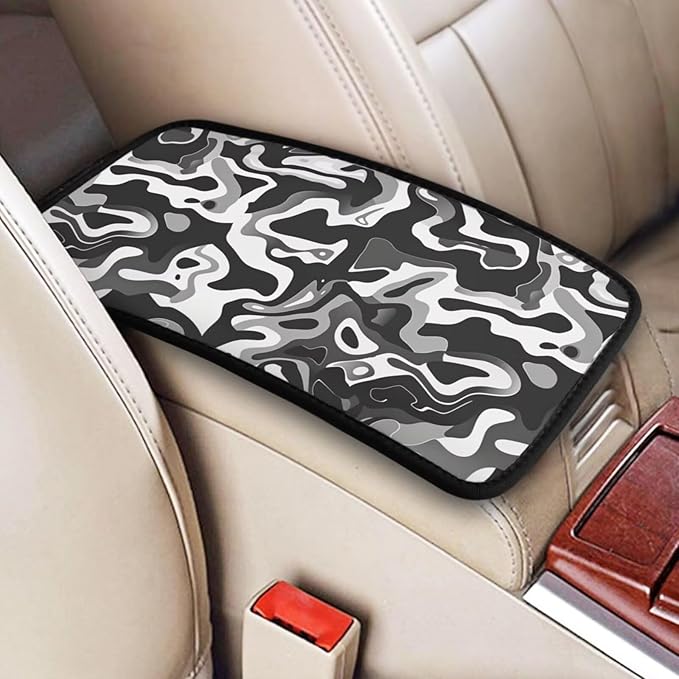 Car Center Console Armrest Cover Camouflage Polyester Arm Rest Box Lid Covers Army Camo Middle Console Cover Seat Protector Gray and Black Abstract Geometry Armrest Cushion Pad