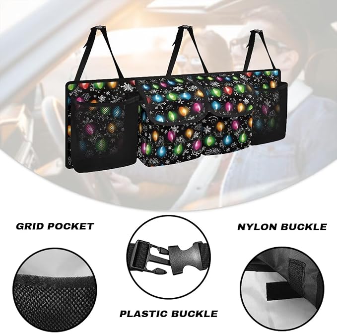Christmas Light Car Trunk Organizer with 4 Pockets, Hanging Car Backseat Storage Bag with 3 Adjustable Straps, Car Interior Accessories for SUV, Truck,Van