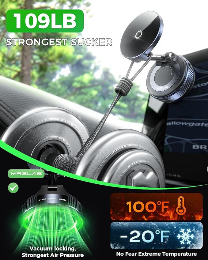 MRGLAS 2026 Upgraded for iPhone MagSafe Car Mount Charger,15W Fast Charging Wireless Car Charger with Stronger Magnetic & Suction, Hands-Free Phone Holder for iPhone 17/16/15/14/13/12 Pro Max