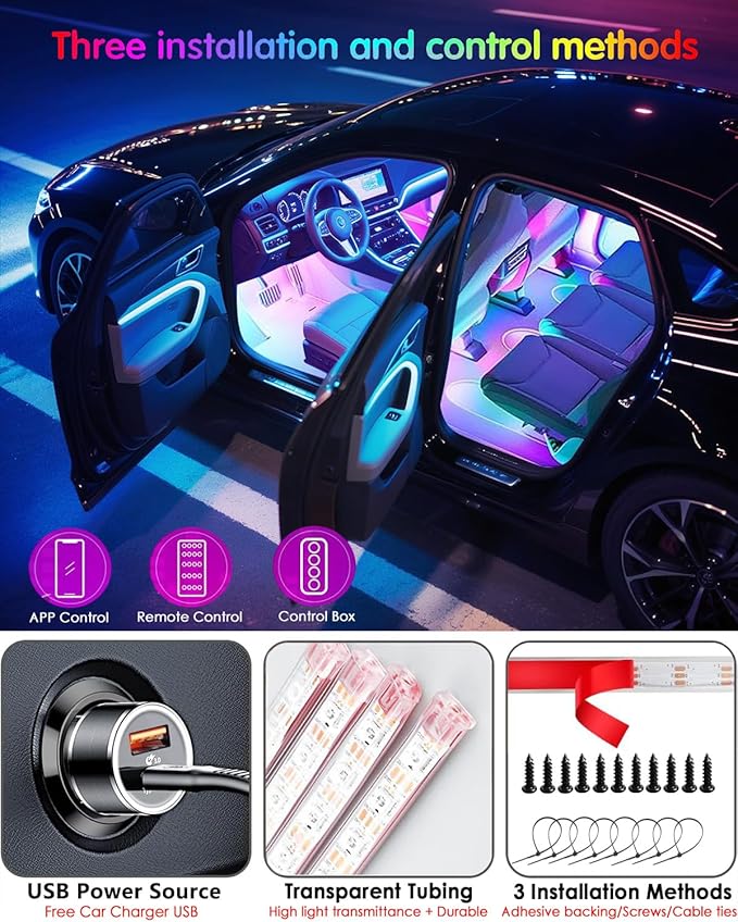 Led Lights for Car Accessories Interior, RGB+IC 48 LED Car Interior Light, 16 Million Colors Strip Light, APP Remote Control with USB Port Color Change Under Dash Lighting for SUVs, Trucks