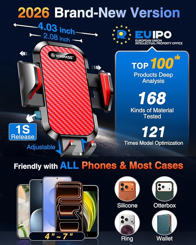 VANMASS Phone Holders for Your Car Ultimate Military-Grade Car Phone Holder Mount【Patent & Safety Certs】 Upgraded Shockproof Truck Air Vent Phone Mount for iPhone 17 Pro Max 16 Samsung Android,Red