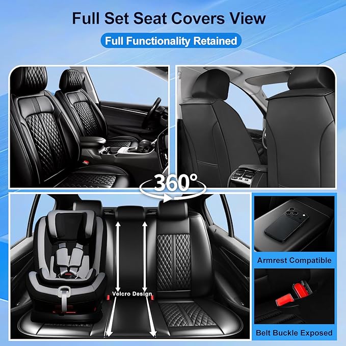 Fit RAV4 Car Seat Covers (Front Pair) for Select Toyota RAV 4 2013-2026/RAV4 Hybrid - Premium Full Coverage Leather, Airbag Compatible, Waterproof & All Weather Seat Cushion Protector, Black