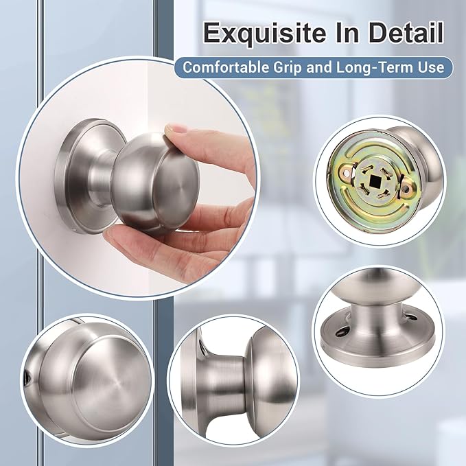 KNOBWELL 4 Pack Brushed Nickel Dummy Door Knob, Single Sided Handle for Closets, French Double Doors, and Pantry, Satin Nickel One Side Non-Turning Interior Push/Pull Door Knob