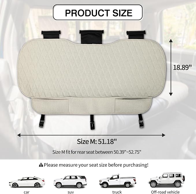 Universal Auto Faux Linen Back Car Seat Cover Beige - Breathable Rear Seat Protector with Non-Slip Bottom Size M - Diamond Stitched Bench Seats Cushion for Vehicles Cars Van SUV Truck