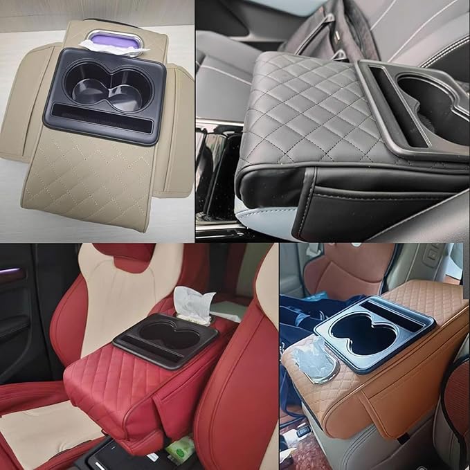 Car Armrest Cushion for Toyota Crown Majesta VI 2009-2015 2016 2017 2018, Car Center Console Cover Armrest Pad with Cup Holder and Tissue Box, Car Accessories,Red