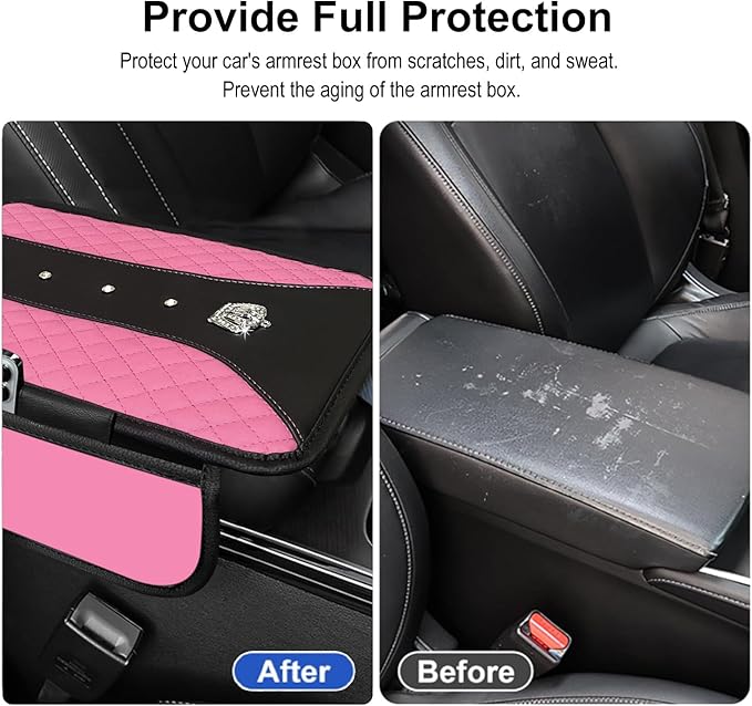 NBTEPEM Bling Crown Car Center Console Armrest Cover, Leather Middle Console Cover Cushion with 2 Storage Bags, Car Armrest Storage Box Interior Accessories for Most Vehicles(Pink)