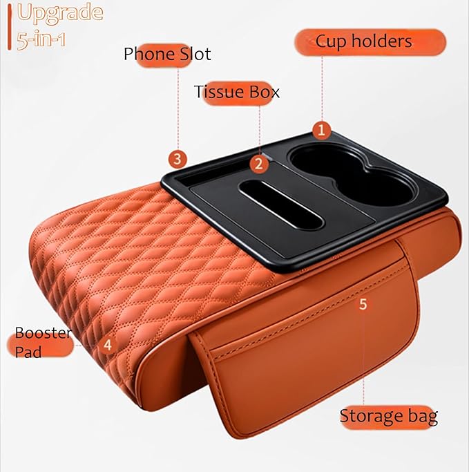 5-in-1 Car Armrest Pad Cushion, Water Ripple Embossed Center Console Booster Pad with Tissue Box, Cup Holder, Storage Bag, Phone Slot, Fit for Most Sedan Vehicles (Water Ripple Series, Coffee)