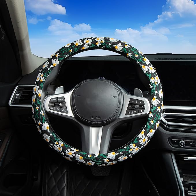 Embroidered Flowers Black Cute Daisy Steering Wheel Cover Auto Anti-Slip Breathable Rubber Steering Wheel Protector,Floral Car Accessories for Women,Universal Size Fit Most Cars -15 inch
