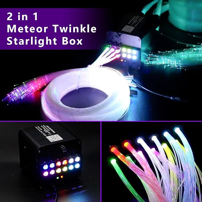 AZIMOM 4Colors 2 in 1 Meteor Twinkle Fiber Optic Starlight Headliner Kits 800pcs 0.03in 9.8ft Fiber Strands,RGB Meteor Shooting Star 240pcs, Sound Remote APP Control Home Ceiling Car Headliner Decor