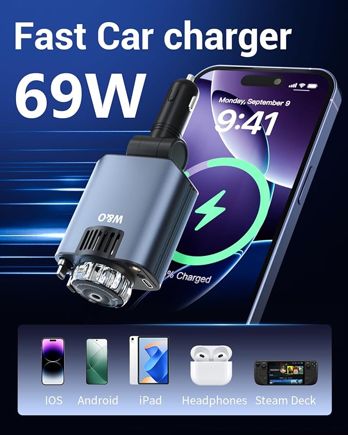 W & O Car Charger Fast Charging for iPhone，Retractable car Charger with Aromatherapy and Starlight,69W 5 in 1 Fast Charging Car Charger,Car Charger Adapter for iPhone 16 15 Pro Max, Galaxy S25（Red