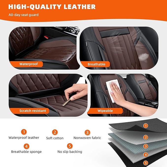 KEYOOG 2-Seater Waterproof and Breathable Nappa Leather Car Seat Covers Full Set, Fit for Front Seats of Cars, Compatible with Airbags, Car Seat Protector Covers for Most Cars - Black Coffee