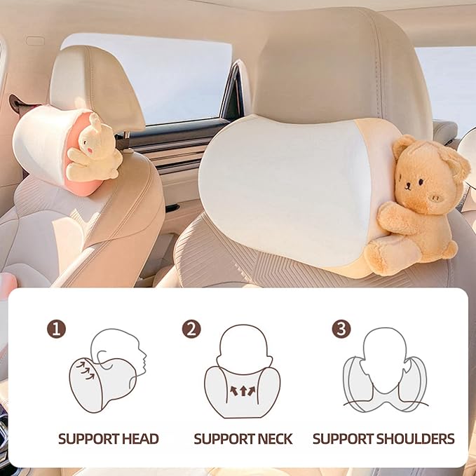 Cute Car Headrest Pillow 2PCS Bear Bunny Car Seat Neck Pillow Memory Foam Neck Support Cushions for Comfortable Driving Easy Install & Washable (Pink+Brown)