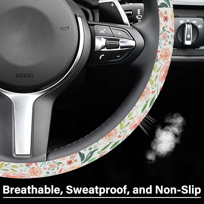 Colorful Flowers Steering Wheel Cover, Cute Printing Steering Wheel Cover Protector for Women, Ultra-Thin with Personalized Pattern Design, for Steering Wheel with a Diameter of 14.5"-15"