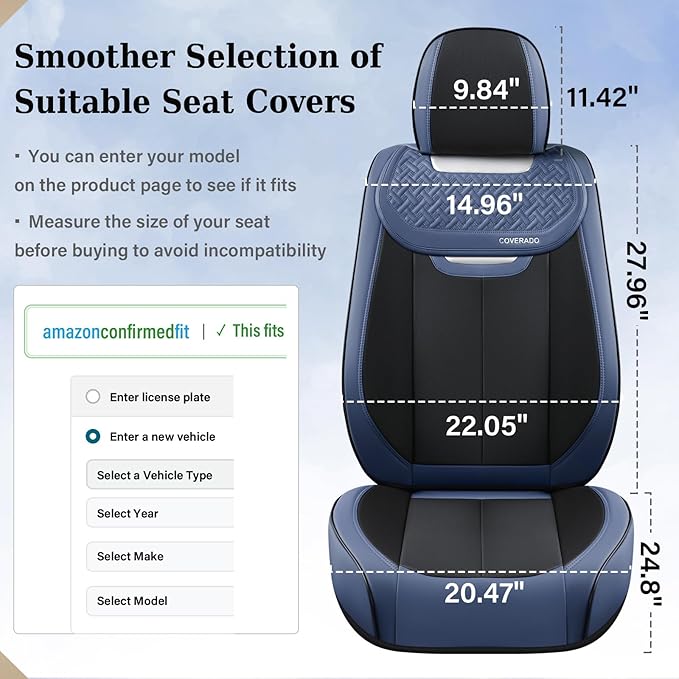 Coverado Front Seat Covers, Breathable Nappa Leather Car Seat Cover, Universal Seat Covers for Cars, Waterproof Car Seat Protector, Driver Seat Cover Fit for Most Cars(Blue&Black)