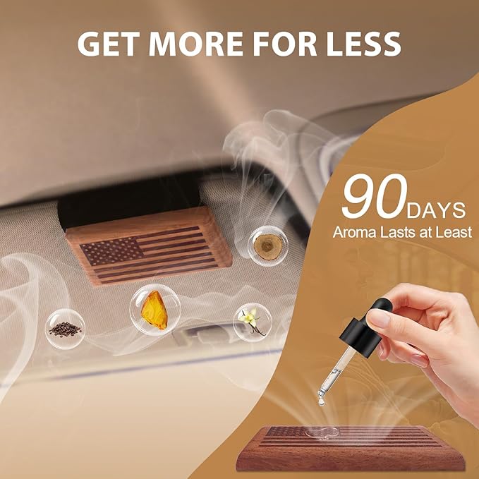 AirPurelle Car Air Freshener with Metal Clip Wood Air Freshener, 90 Days Long Lasting Saffron Amber Scent, Includes 2x 8ML Refills, 0.54 FL OZ, Made in USA, Car Auto Accessories