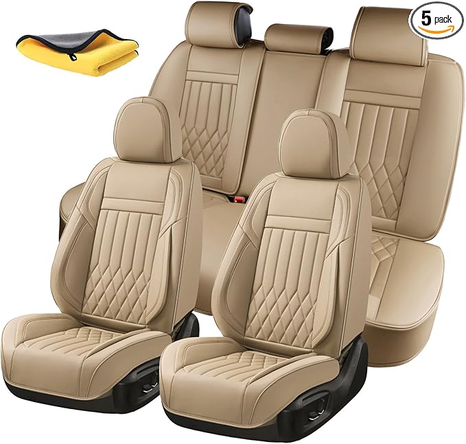 KEYOOG Universal 5-Seater Waterproof Breathable Nappa Leather Car Seat Covers Full Set, Fit for Front Rear Seats, Compatible with Hy-undai Sonata, To-yota Camry, Fo-rd F-150, Fit Most Sedans SUV Beige