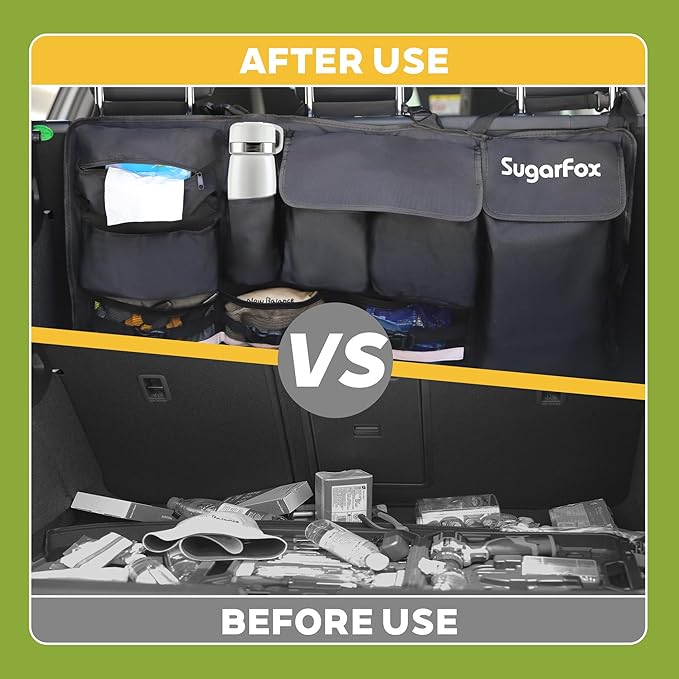 SugarFox Backseat Hanging Trunk Organizer for SUVs, Cars, Trucks & MPVs | Multi-Pocket Storage with Anti-Slip Straps | Space-Saving Auto Accessory | Gift for Drivers | Black, 37.8" x 18.1" - K230