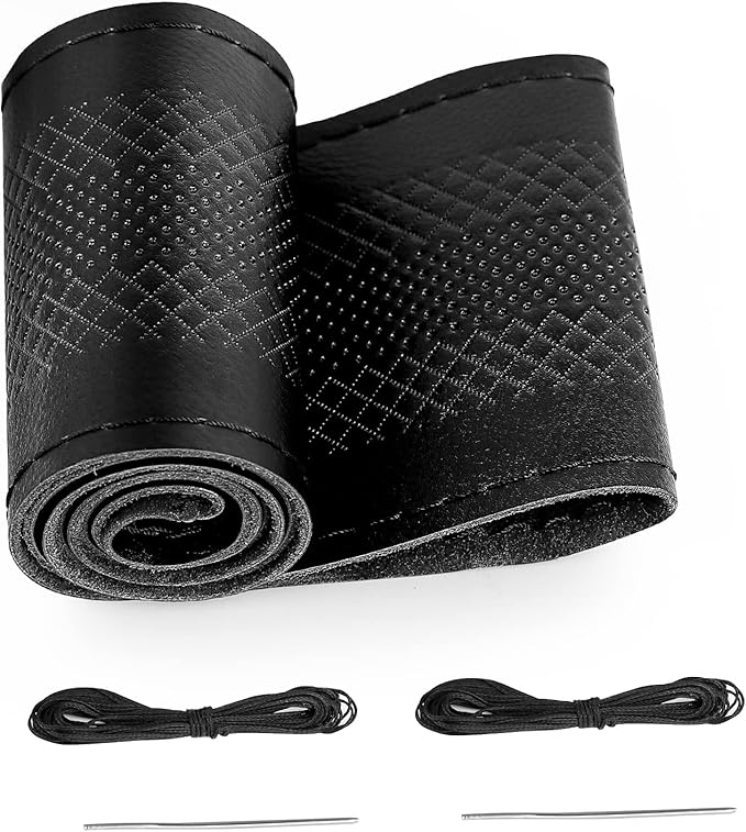 BELINOUS Leather Steering Wheel Cover Lace Up, Embossed Steering Wheel Wrap Fit for 13 3/4-16 Inch Car, Stitch on Wrap DIY w/Needle Thread (Size M5, Black)