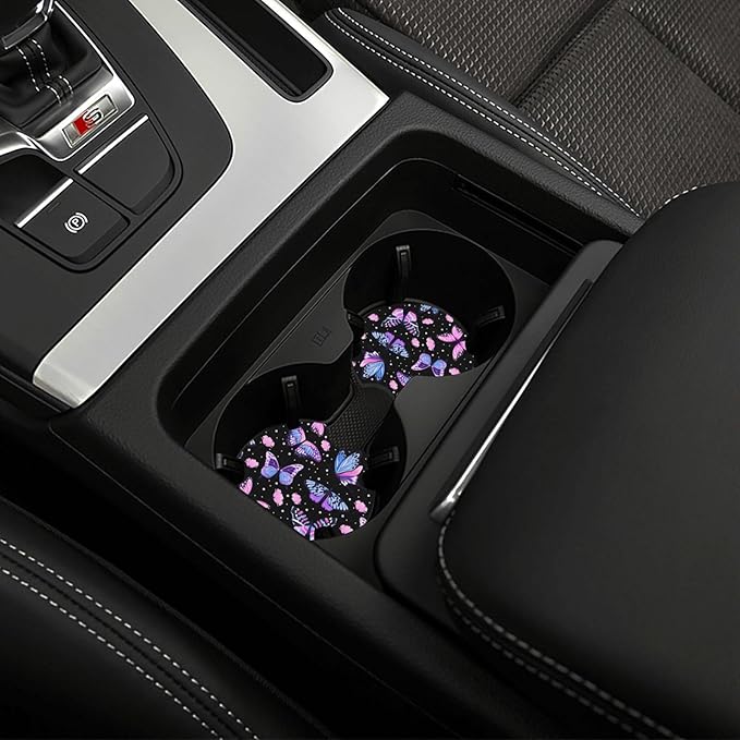 Purple Butterfly Steering Wheel Cover - Beauty Butterfly Wheel Cover Anti-Slip Breathable Universal for 15 Inch Car Steering Wheel Cover with 2 Pieces Car Coasters Suitable for Men Women