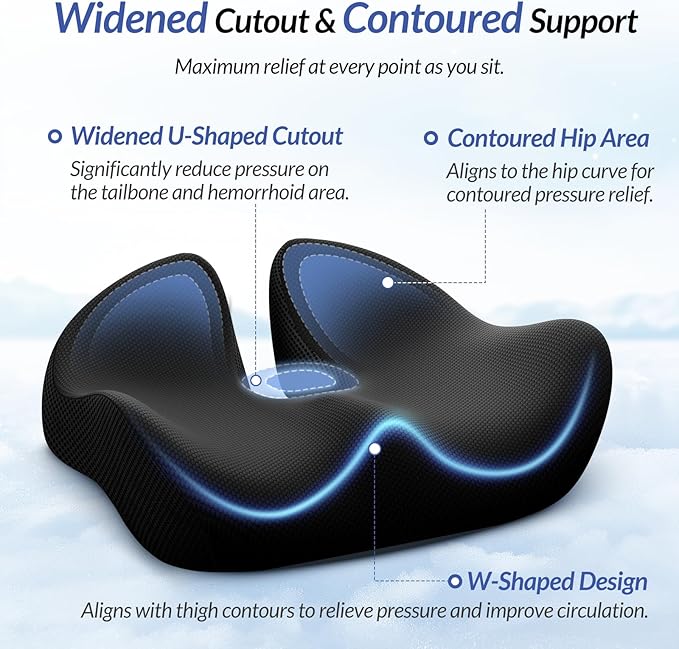 ZIKEE Thickened Seat Cushion, Ergonomic Memory Foam Hemorrhoid Pillow for Hip, Sciatica, Long Sitting Relief, 6.0" Thick Office Chair Cushion with Widened Cutout for Tailbone Pain Relief in Car, Home