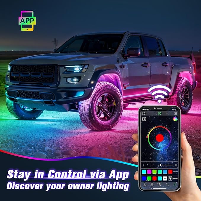 RGB Rock Lights for Trucks, 8 Pods 5-Sided LED Underglow Lights with App/RF Remote Control, 160° Wide Angle Music Sync Neon Exterior Light Kit, IP67 Waterproof, No-Drill for Jeep SUV ATV UTV Boat