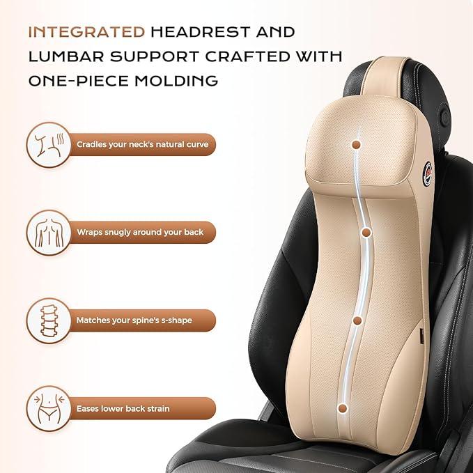 Coverado Car Seat Cushion and Integrated Neck Pillow Lumbar Support Kit, Ergonomic Lumbar Support Pillow for Car, Soft Leather Memory Foam Car Seat Cushion for Sciatica & Back Pain Relief, Beige