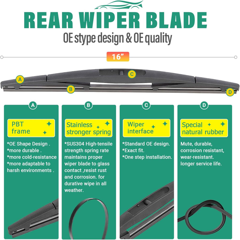 26" 24" 16" Windshield Wiper Blades Replacement for Honda Passport 2019 2020 2021 2022 2023 Premium All Weather Front Rear Wipers Set - OEM Quality (Pack of 3)