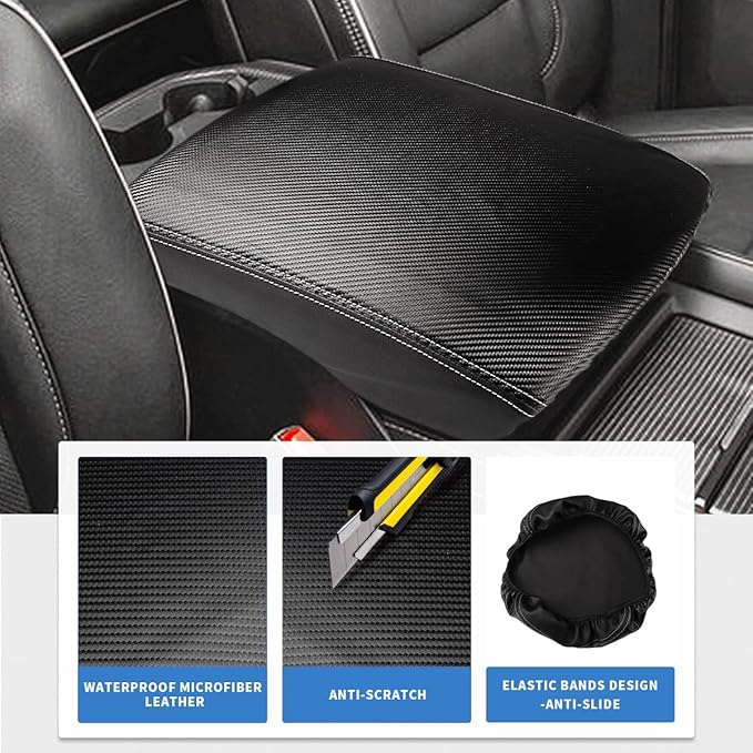 INTGET Car Center Console Armrest Cover for 2022 2023 Dodge Ram 1500 2500 3500 Accessories 2019 2020 2021 Arm Rest Box Lid Protector Pad Cushion Dog Seat Cover (Black with Carbon Fiber Texture)
