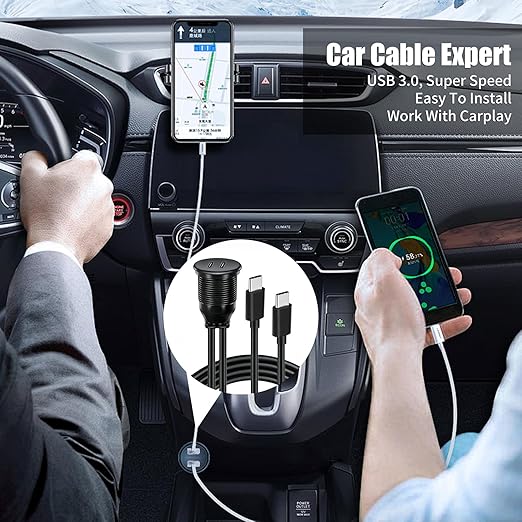 Dual Port USB C 3.0 Male to USB C 3.0 Female Extension Cable,Flush Mount Waterproof Panel Cable for Car,Truck,Boat,Motorcycle Dashboard 3.3ft
