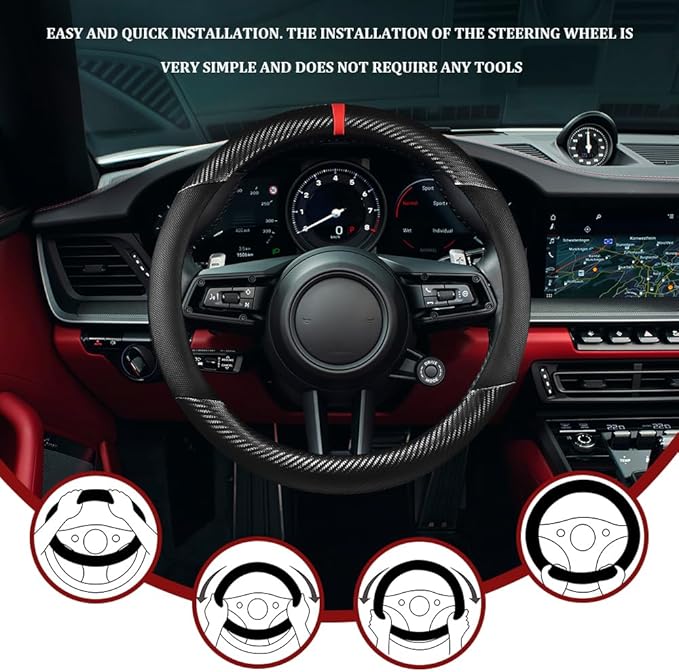 Car Steering Wheel Cover, Steering Wheel Accessories, 15 Inch Microfiber Leather Carbon Fiber Soft Anti-Slip Breathable, Car Accessories Elastic Non-Slip Cover for Most Vehicles (Black)
