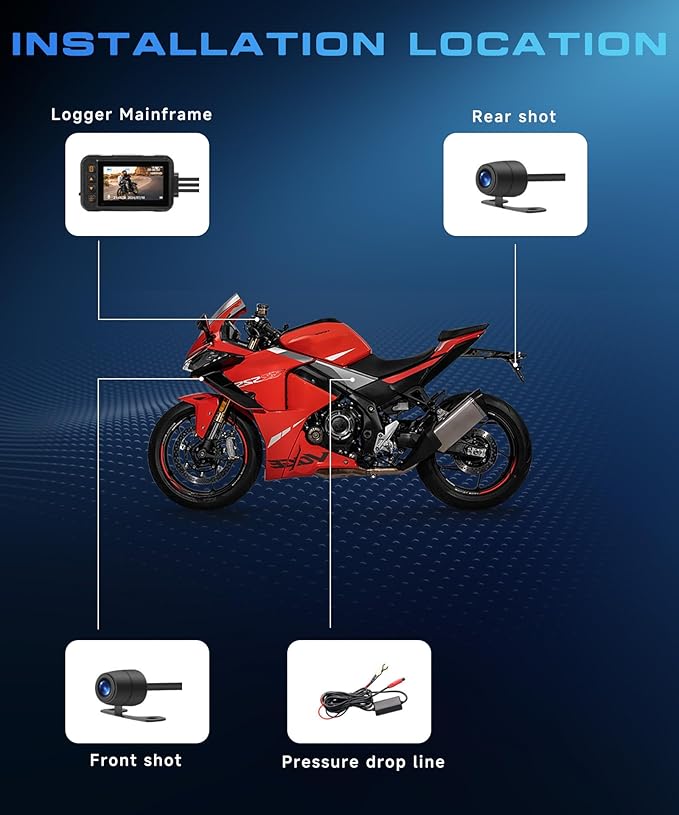 Dual Channel Dash Cam for Motorcycle, 3" HD IPS Screen, 720P Front and 480P Rear, Parking Monitoring, G-Sensor, Motion Sensing, Loop Recording, IP67 & HDR, for All Motorcycles